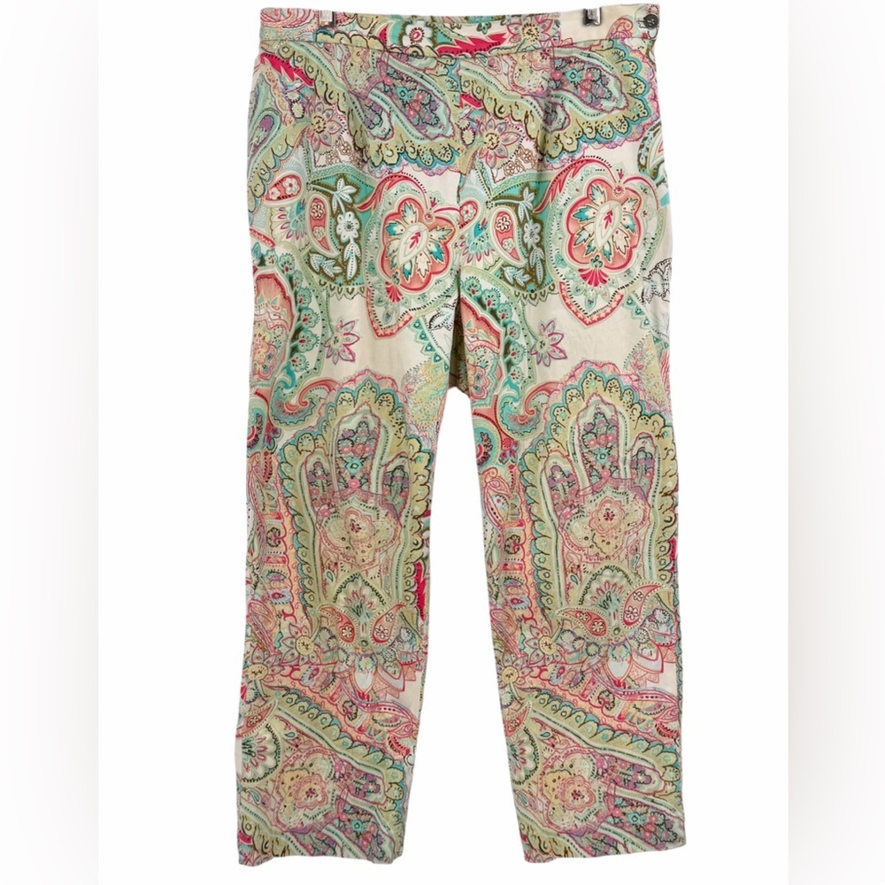 Elana by Tanner Paisley Cotton Blend Pants Teal Pink Gold Boho Retro, 12